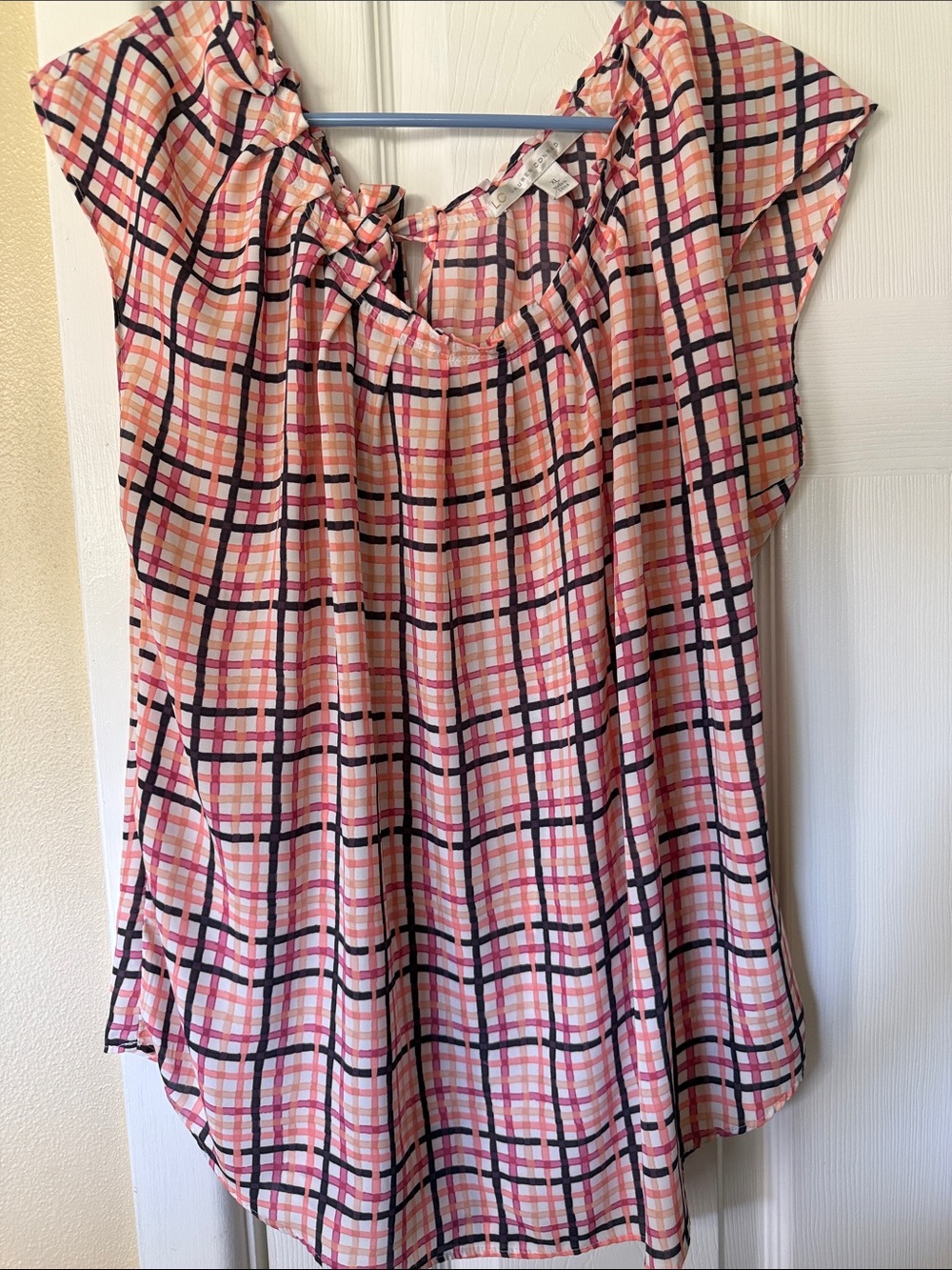 LC Lauren Conrad Pink Peach Plaid Cap Sleeve Blouse